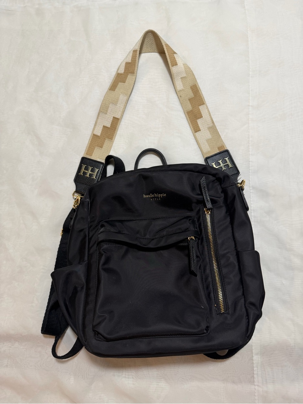 Haute Hippie Black Nylon Backpack with Beige Chevron Strap